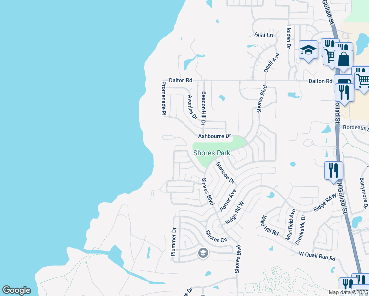 map of restaurants, bars, coffee shops, grocery stores, and more near 1405 Whitney Lakes Drive in Rockwall
