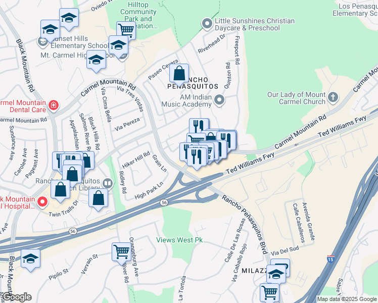 map of restaurants, bars, coffee shops, grocery stores, and more near 9857 Caminito Cuadro in San Diego