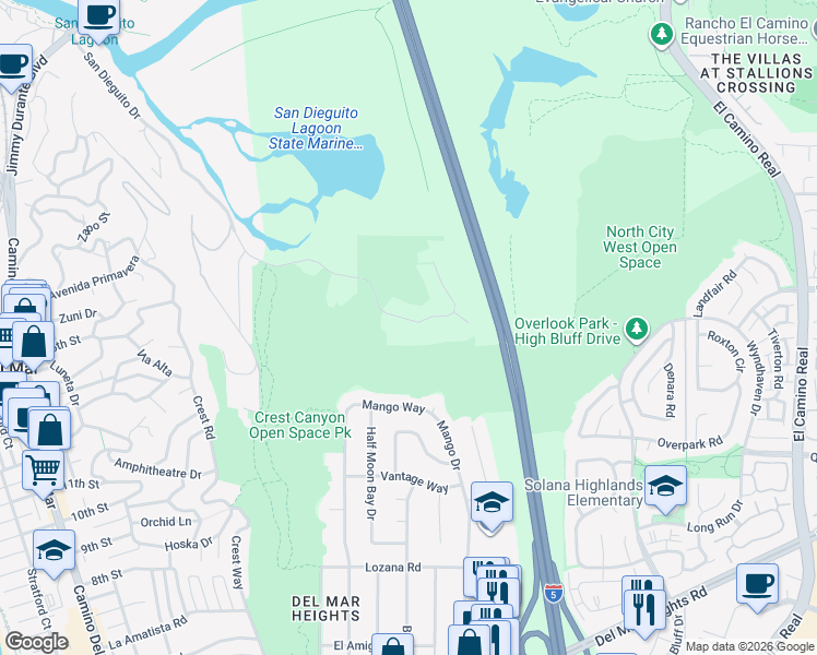 map of restaurants, bars, coffee shops, grocery stores, and more near 2979 Racetrack View Drive in Del Mar