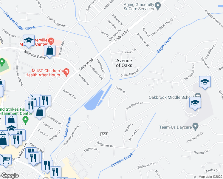 map of restaurants, bars, coffee shops, grocery stores, and more near 9073 Parlor Drive in Ladson