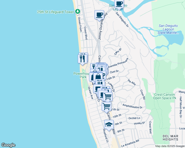 map of restaurants, bars, coffee shops, grocery stores, and more near in Del Mar