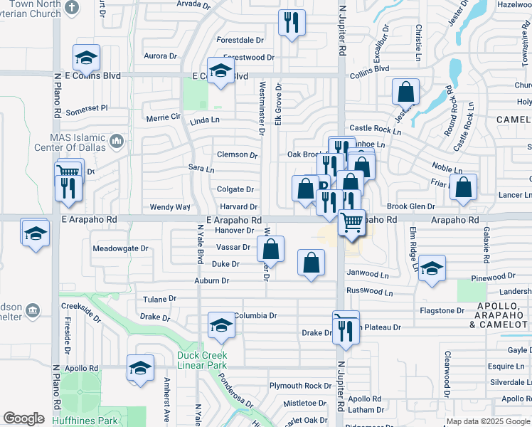 map of restaurants, bars, coffee shops, grocery stores, and more near 1000 Westminster Drive in Richardson