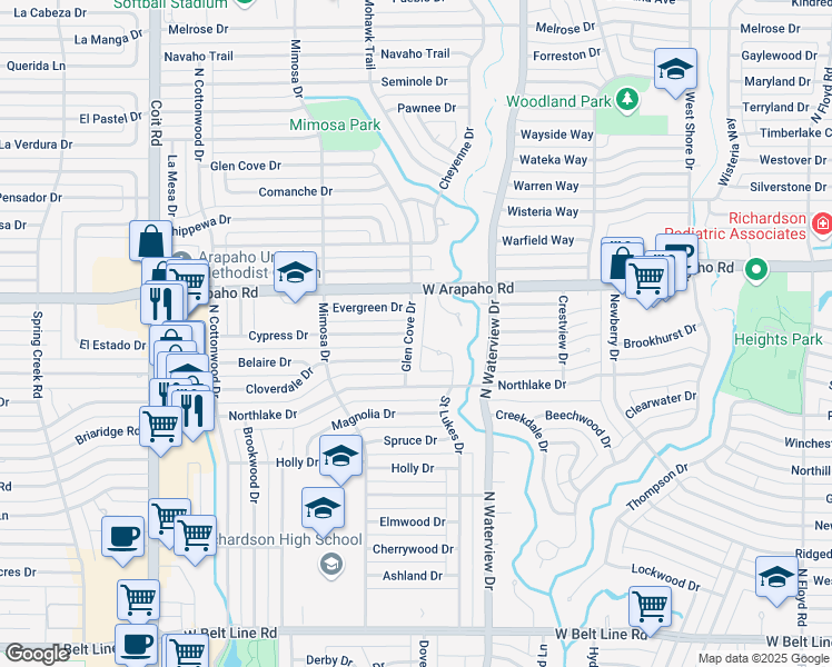 map of restaurants, bars, coffee shops, grocery stores, and more near 1000 Glen Cove Drive in Richardson