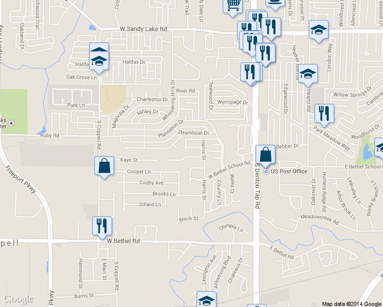 map of restaurants, bars, coffee shops, grocery stores, and more near 318 Saddle Tree Trail in Coppell