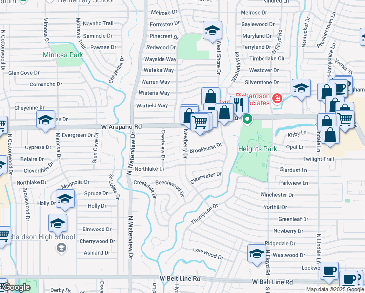 map of restaurants, bars, coffee shops, grocery stores, and more near 1011 Newberry Drive in Richardson