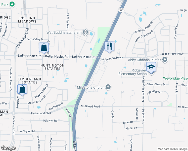 map of restaurants, bars, coffee shops, grocery stores, and more near North Main Street in Keller