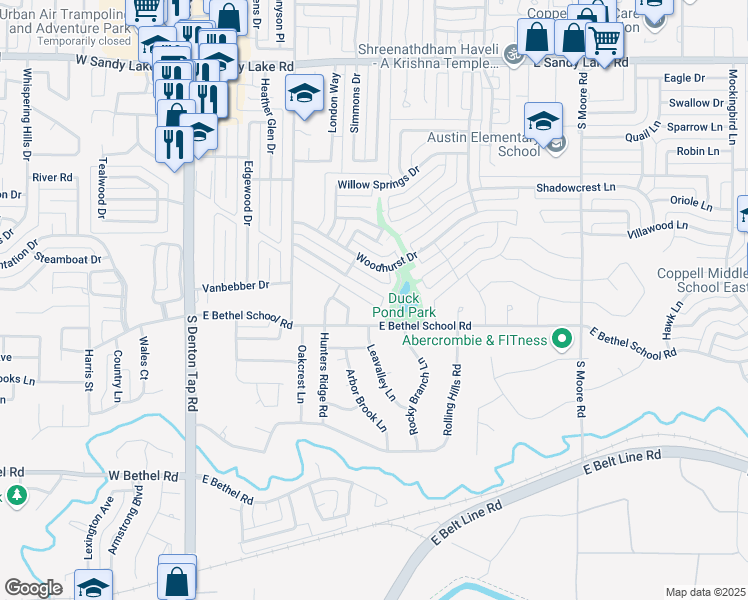 map of restaurants, bars, coffee shops, grocery stores, and more near 329 Park Meadow Way in Coppell
