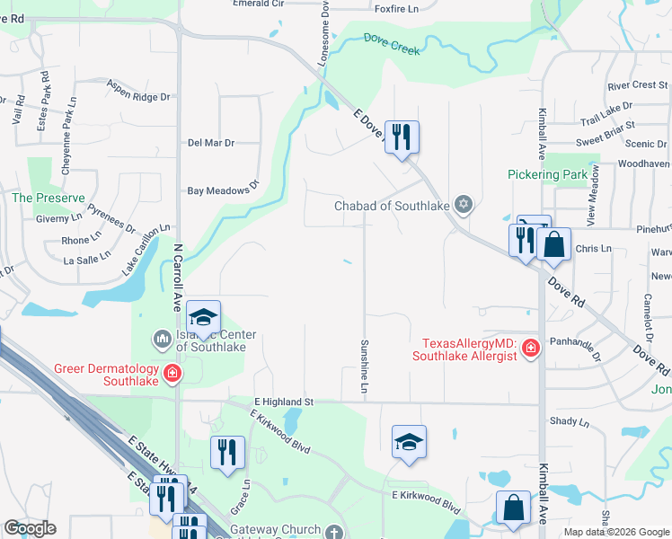 map of restaurants, bars, coffee shops, grocery stores, and more near 1450 Sunshine Lane in Southlake