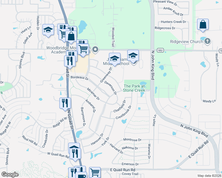 map of restaurants, bars, coffee shops, grocery stores, and more near 595 Deverson Drive in Rockwall