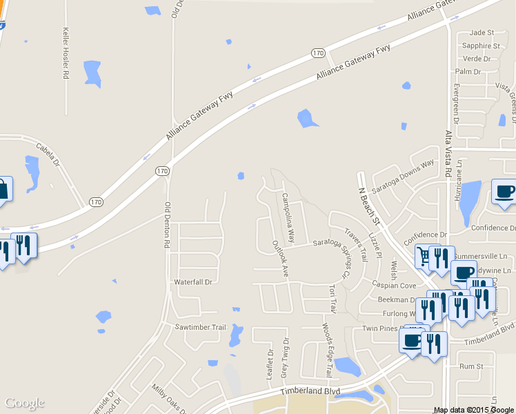 map of restaurants, bars, coffee shops, grocery stores, and more near 12825 Outlook Ave in Fort Worth