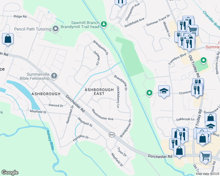 map of restaurants, bars, coffee shops, grocery stores, and more near 131 Huckleberry Lane in Summerville