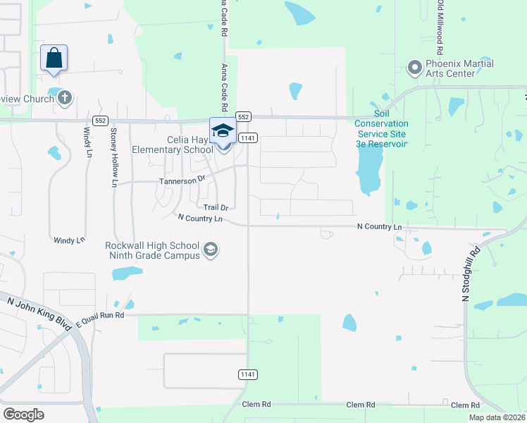 map of restaurants, bars, coffee shops, grocery stores, and more near 2910 Broken Spoke Lane in Rockwall