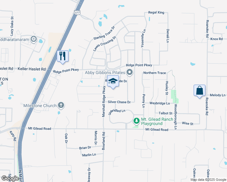 map of restaurants, bars, coffee shops, grocery stores, and more near 1601 Marshall Ridge Parkway in Keller