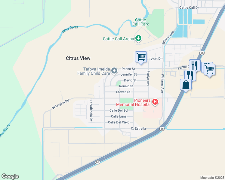 map of restaurants, bars, coffee shops, grocery stores, and more near 1055 Steven Street in Brawley