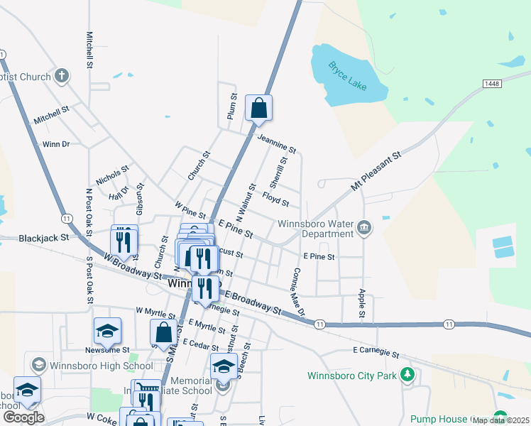 map of restaurants, bars, coffee shops, grocery stores, and more near 303 Richardson Street in Winnsboro