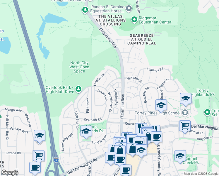 map of restaurants, bars, coffee shops, grocery stores, and more near 13442 Tiverton Road in San Diego
