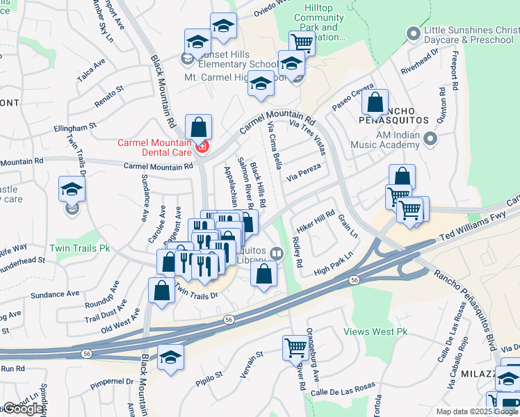 map of restaurants, bars, coffee shops, grocery stores, and more near 13426 Black Hills Road in San Diego