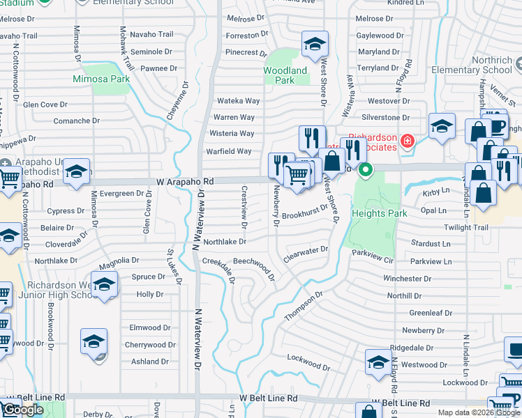 map of restaurants, bars, coffee shops, grocery stores, and more near 1011 Newberry Drive in Richardson