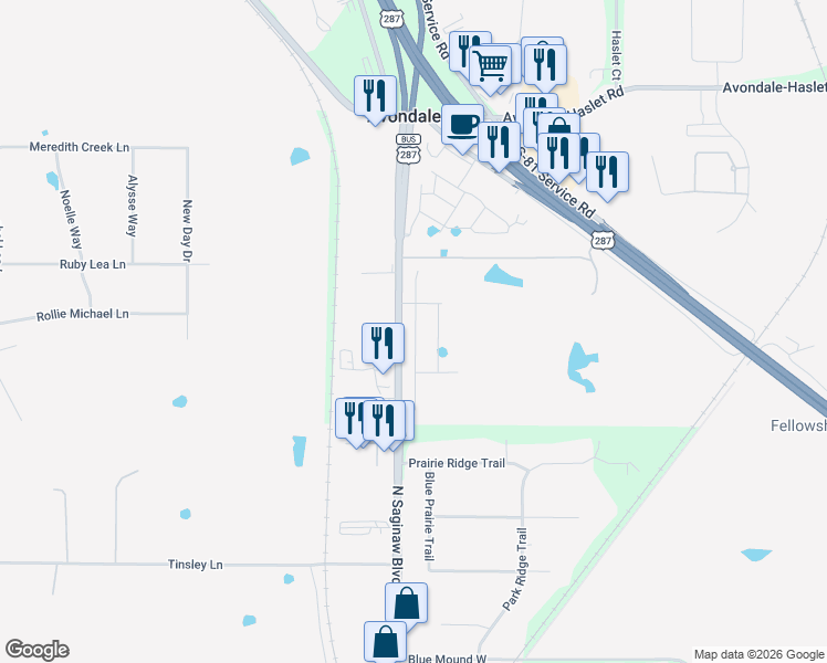map of restaurants, bars, coffee shops, grocery stores, and more near 12775 North Saginaw Boulevard in Fort Worth