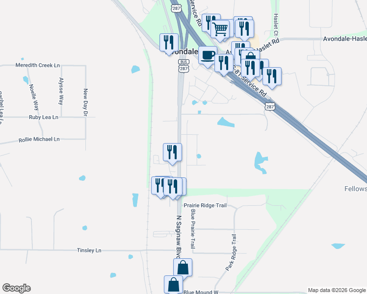 map of restaurants, bars, coffee shops, grocery stores, and more near 12775 North Saginaw Boulevard in Fort Worth