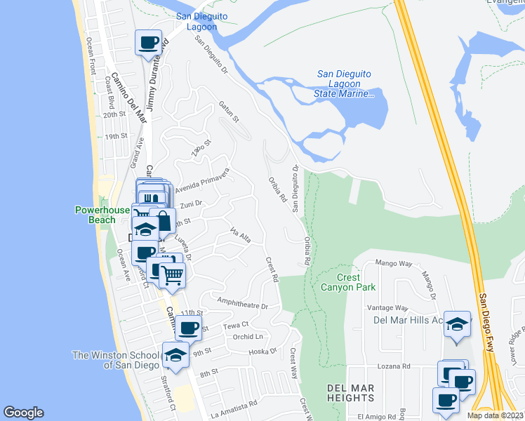 map of restaurants, bars, coffee shops, grocery stores, and more near 1429 Crest Road in Del Mar