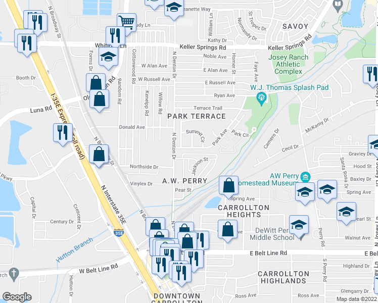 map of restaurants, bars, coffee shops, grocery stores, and more near 1008 Park Avenue in Carrollton