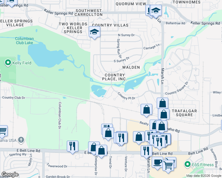 map of restaurants, bars, coffee shops, grocery stores, and more near 2632 Lakehill Lane in Carrollton