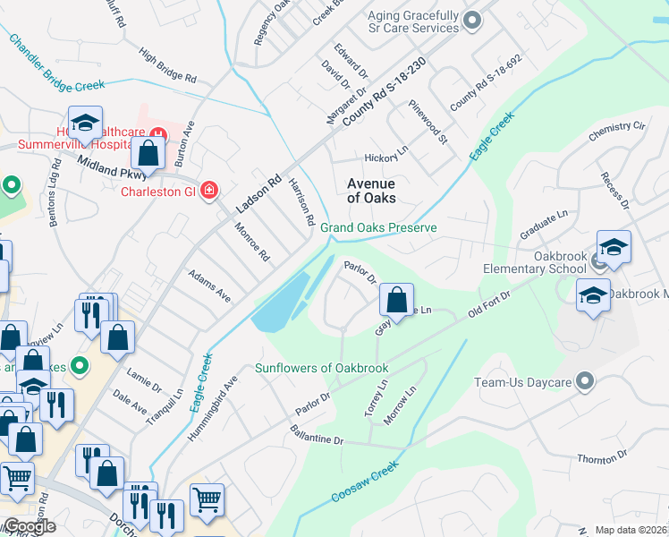 map of restaurants, bars, coffee shops, grocery stores, and more near 9073 Parlor Drive in Ladson