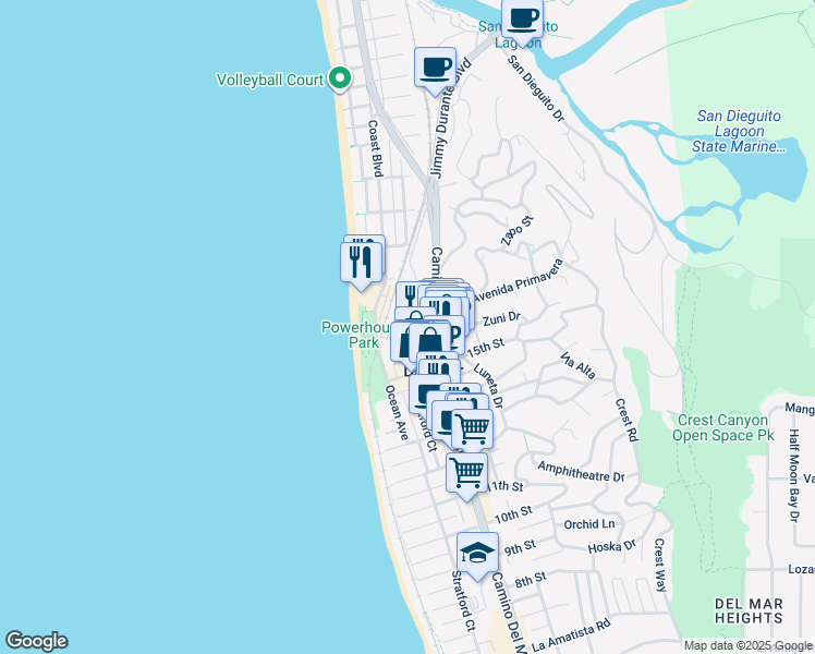 map of restaurants, bars, coffee shops, grocery stores, and more near in Del Mar