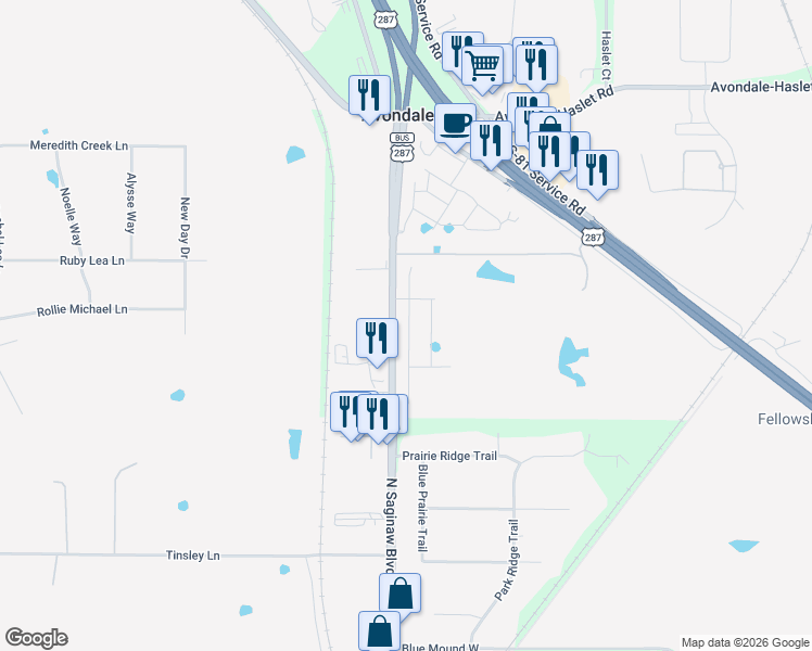 map of restaurants, bars, coffee shops, grocery stores, and more near 12775 North Saginaw Boulevard in Fort Worth