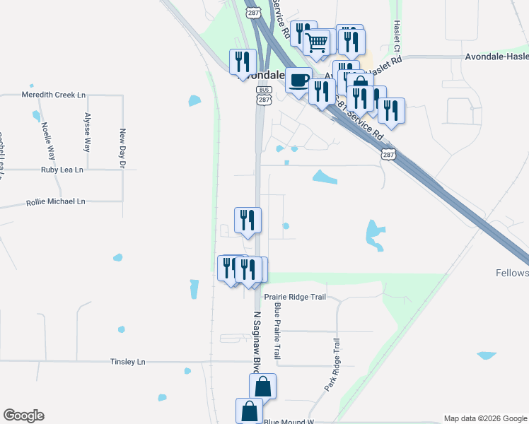 map of restaurants, bars, coffee shops, grocery stores, and more near 12775 North Saginaw Boulevard in Fort Worth