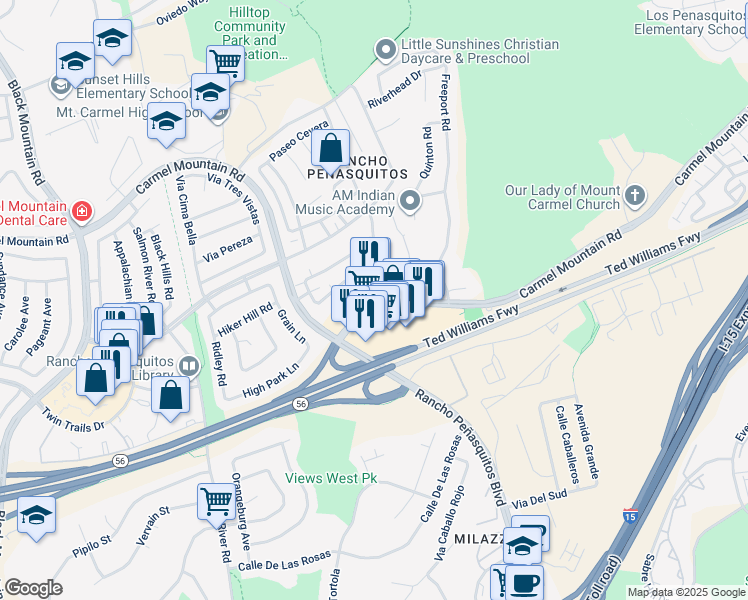 map of restaurants, bars, coffee shops, grocery stores, and more near 9920 Carmel Mountain Road in San Diego