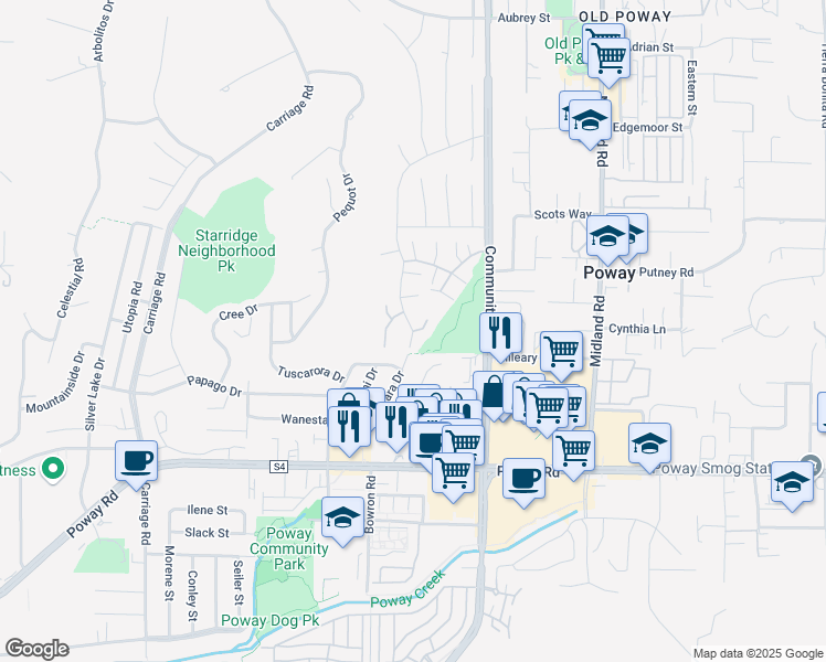 map of restaurants, bars, coffee shops, grocery stores, and more near 13549 Comuna Drive in Poway