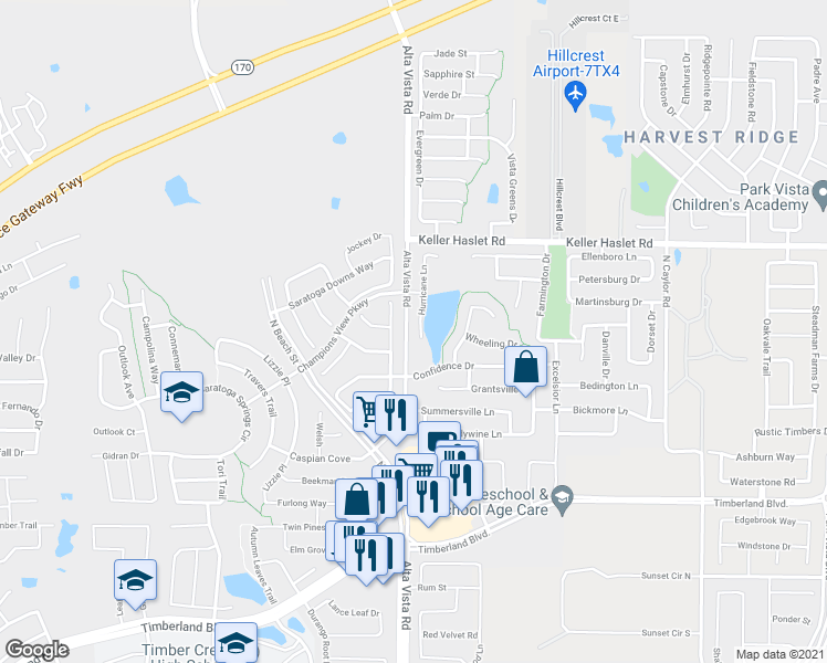 map of restaurants, bars, coffee shops, grocery stores, and more near 12809 Hurricane Lane in Fort Worth