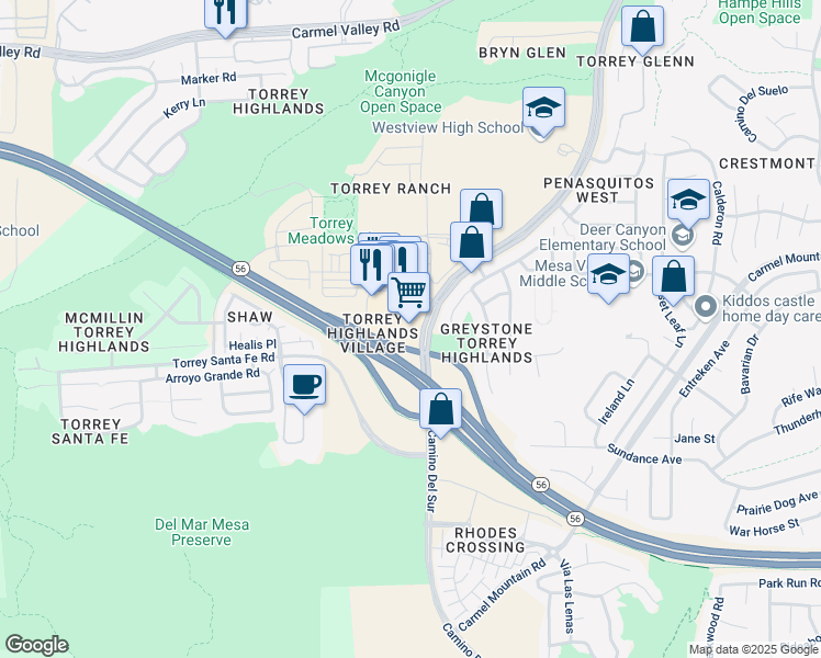 map of restaurants, bars, coffee shops, grocery stores, and more near 7895 Highland Village Place in San Diego
