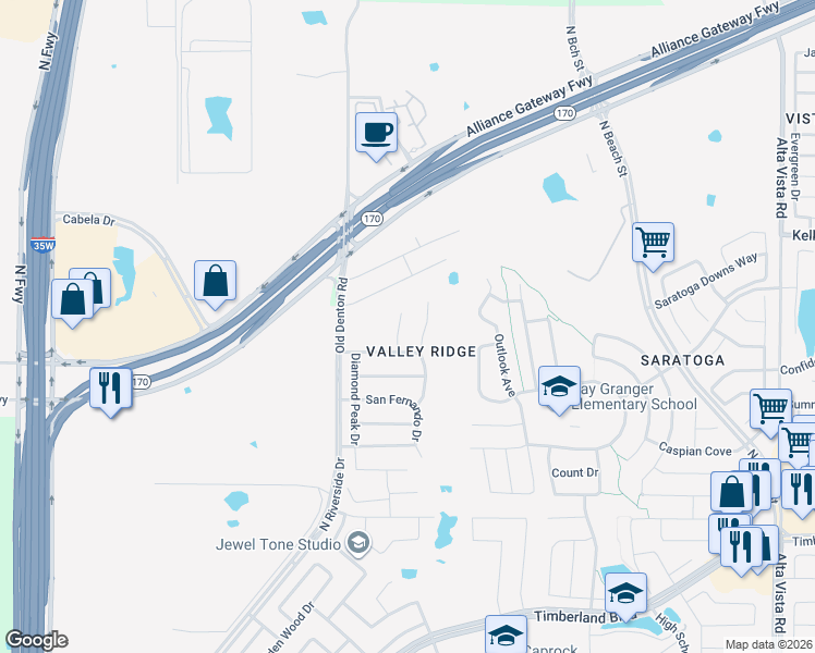 map of restaurants, bars, coffee shops, grocery stores, and more near 12824 Hidden Valley Court in Fort Worth