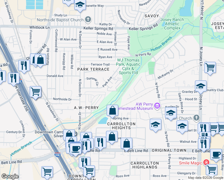 map of restaurants, bars, coffee shops, grocery stores, and more near 1050 Park Avenue in Carrollton