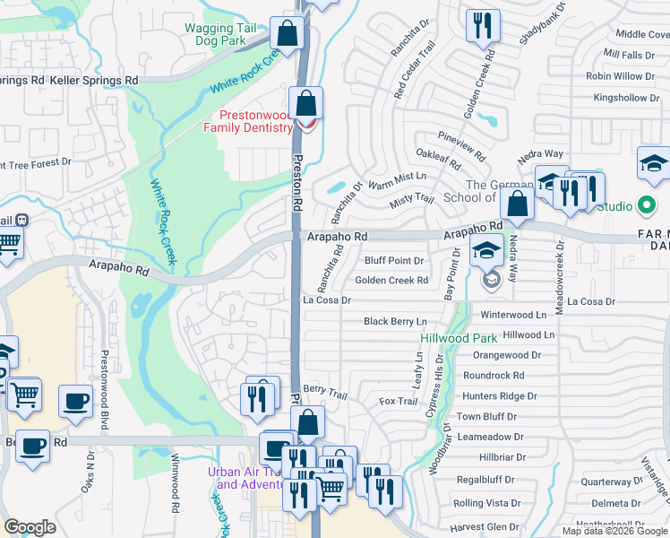 map of restaurants, bars, coffee shops, grocery stores, and more near 15634 Ranchita Dr in Dallas