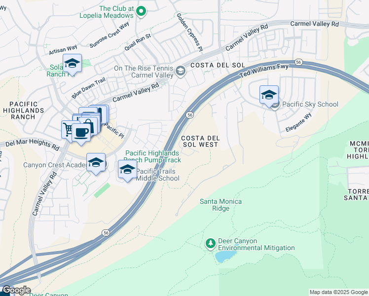 map of restaurants, bars, coffee shops, grocery stores, and more near 6307 Oleander Way in San Diego