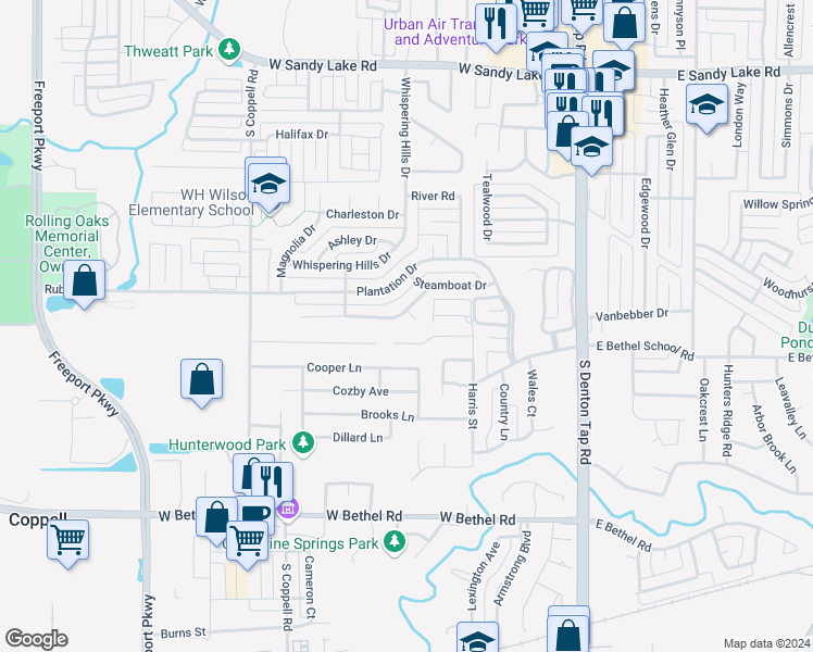 map of restaurants, bars, coffee shops, grocery stores, and more near 205 Jeb in Coppell