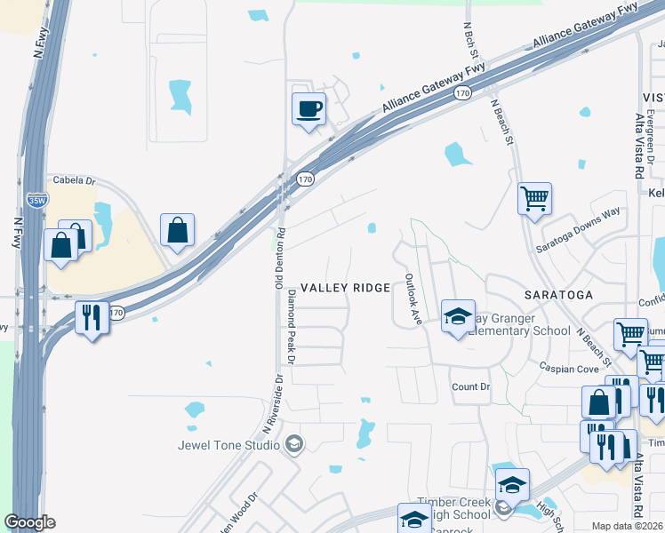 map of restaurants, bars, coffee shops, grocery stores, and more near 12824 Hidden Valley Court in Fort Worth