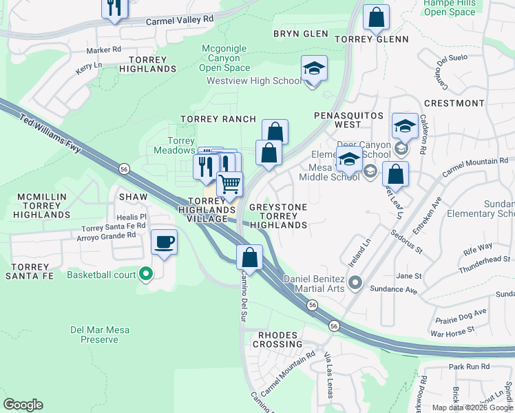 map of restaurants, bars, coffee shops, grocery stores, and more near 8187 Torrey Gardens Place in San Diego