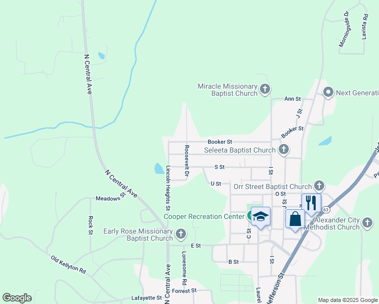 map of restaurants, bars, coffee shops, grocery stores, and more near 1410 Roosevelt Drive in Alexander City