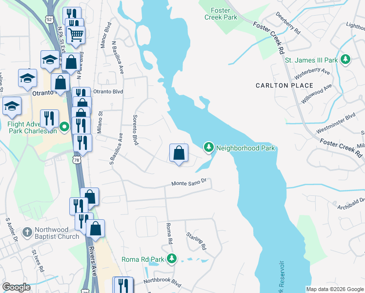 map of restaurants, bars, coffee shops, grocery stores, and more near 9 Venice Avenue in Hanahan