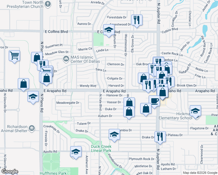 map of restaurants, bars, coffee shops, grocery stores, and more near 1814 Harvard Drive in Richardson