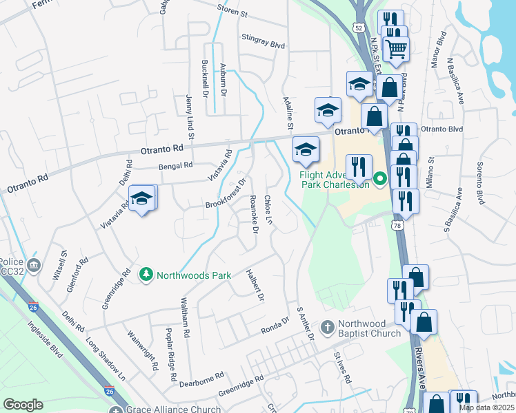map of restaurants, bars, coffee shops, grocery stores, and more near 8600 Roanoke Drive in North Charleston