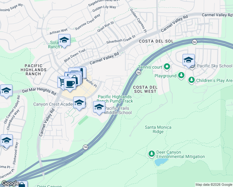 map of restaurants, bars, coffee shops, grocery stores, and more near 6112 Verda Lane in San Diego