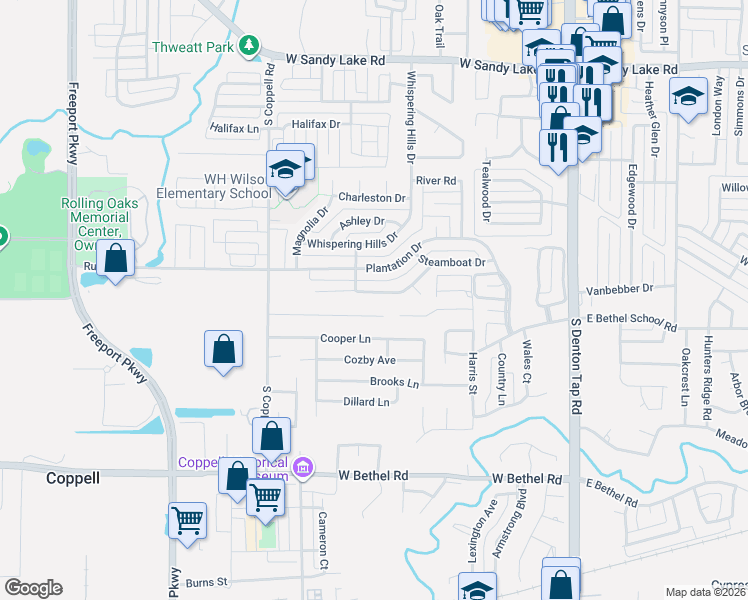 map of restaurants, bars, coffee shops, grocery stores, and more near 335 Spanish Moss Drive in Coppell