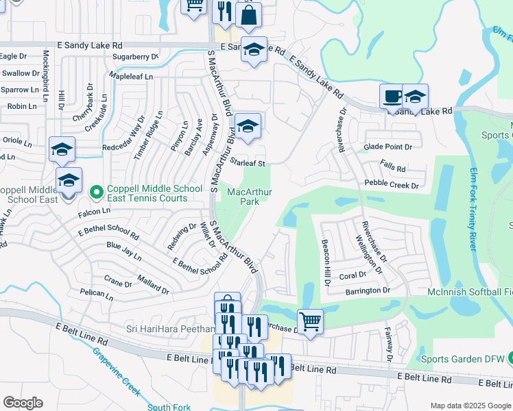 map of restaurants, bars, coffee shops, grocery stores, and more near 50 Bethel School Ct in Coppell