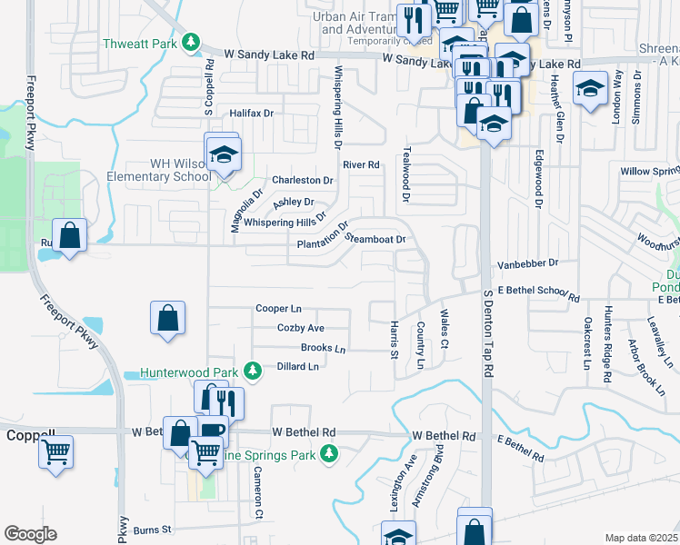 map of restaurants, bars, coffee shops, grocery stores, and more near 205 Jeb Court in Coppell